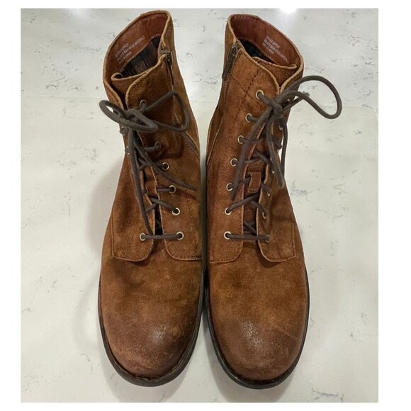 (NEW) BORN Distressed Suede Side Zip Lace Up Ankle Boot, Brown Rust - 11 M